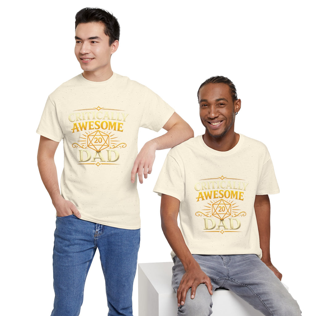 Critically Awesome Dad T‑Shirt – Gold D20 Gaming Father Tee (Father’s Day, Gamer Dad Gift)