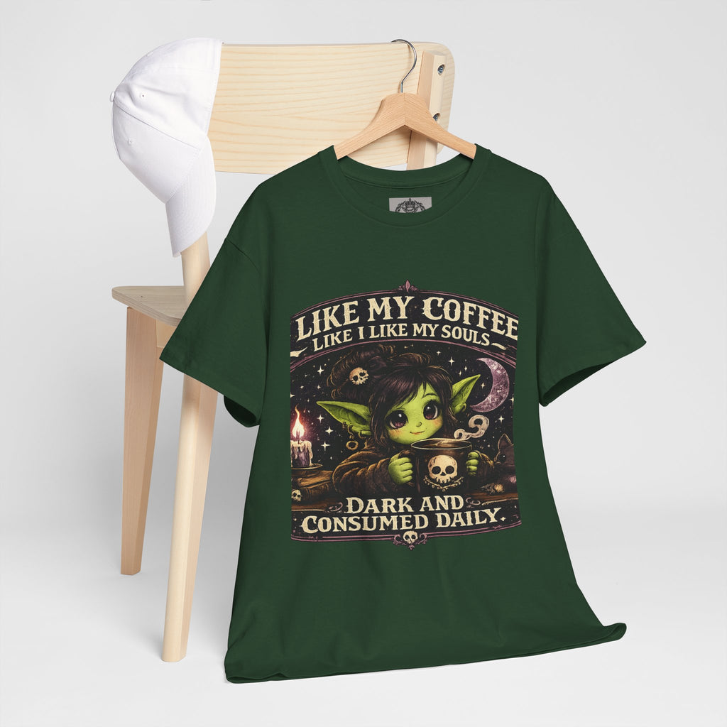 Like My Coffee Tee — "Like My Coffee Like I Like My Souls: Dark and Consumed Daily" Gothic Graphic T-Shirt