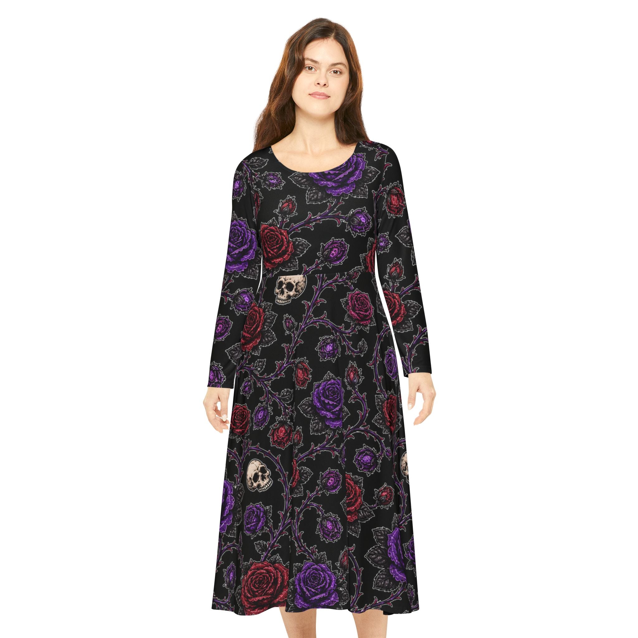 Gothic Skull & Roses Dress | Long Sleeve Floral Skull Pattern