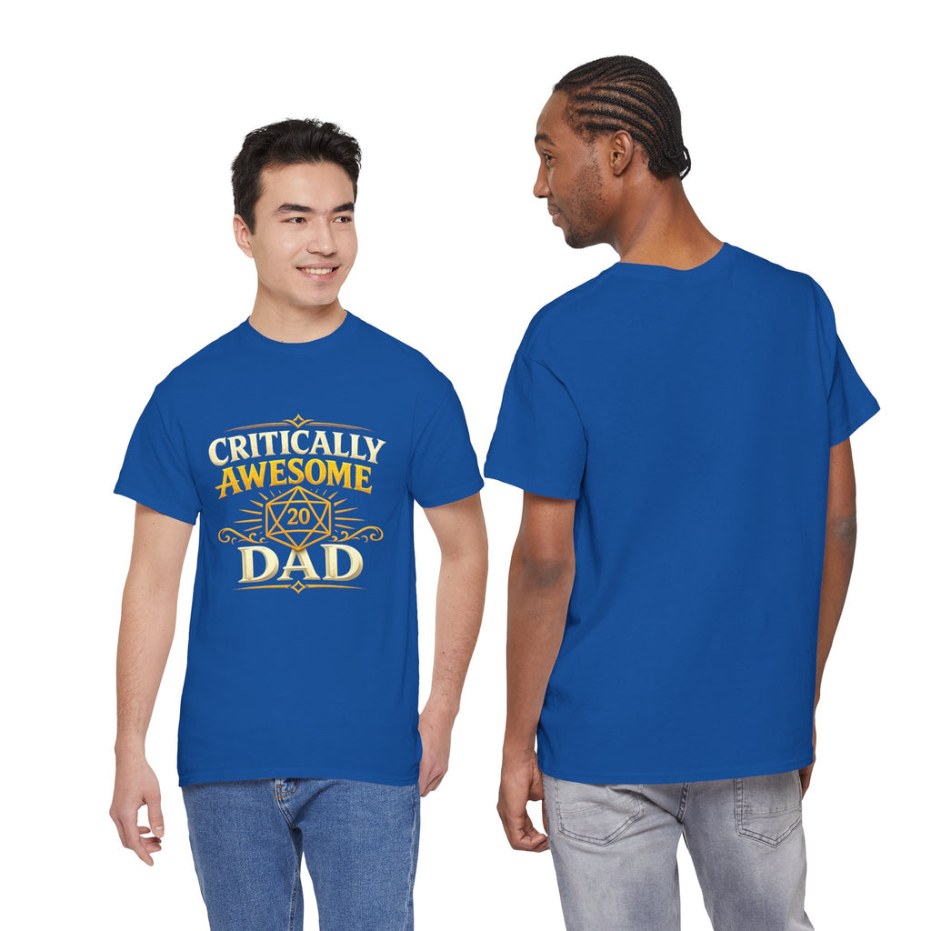 Critically Awesome Dad T‑Shirt – Gold D20 Gaming Father Tee (Father’s Day, Gamer Dad Gift)
