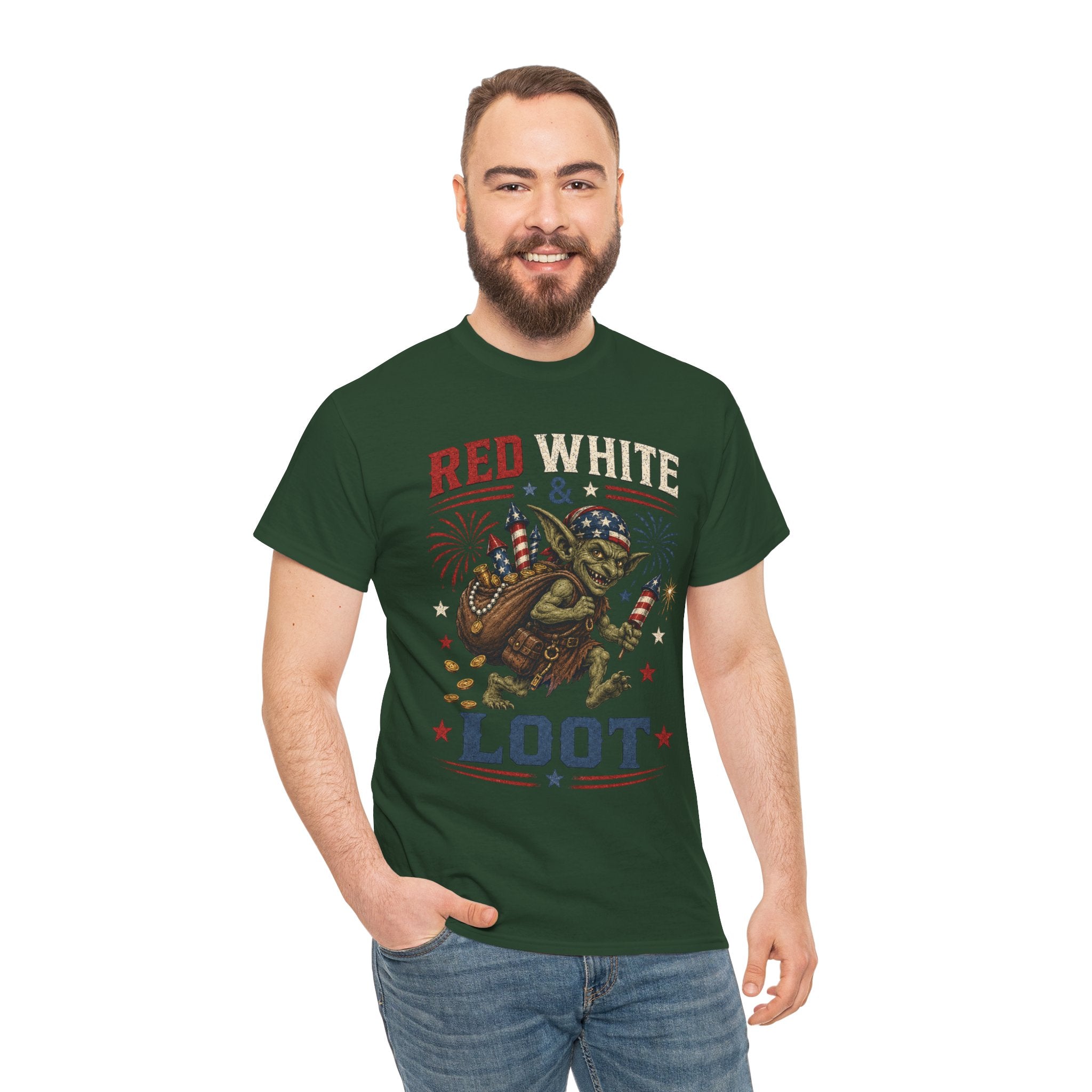 Red White & Loot Goblin Illustration Tee | Patriotic Fourth of July Shirt