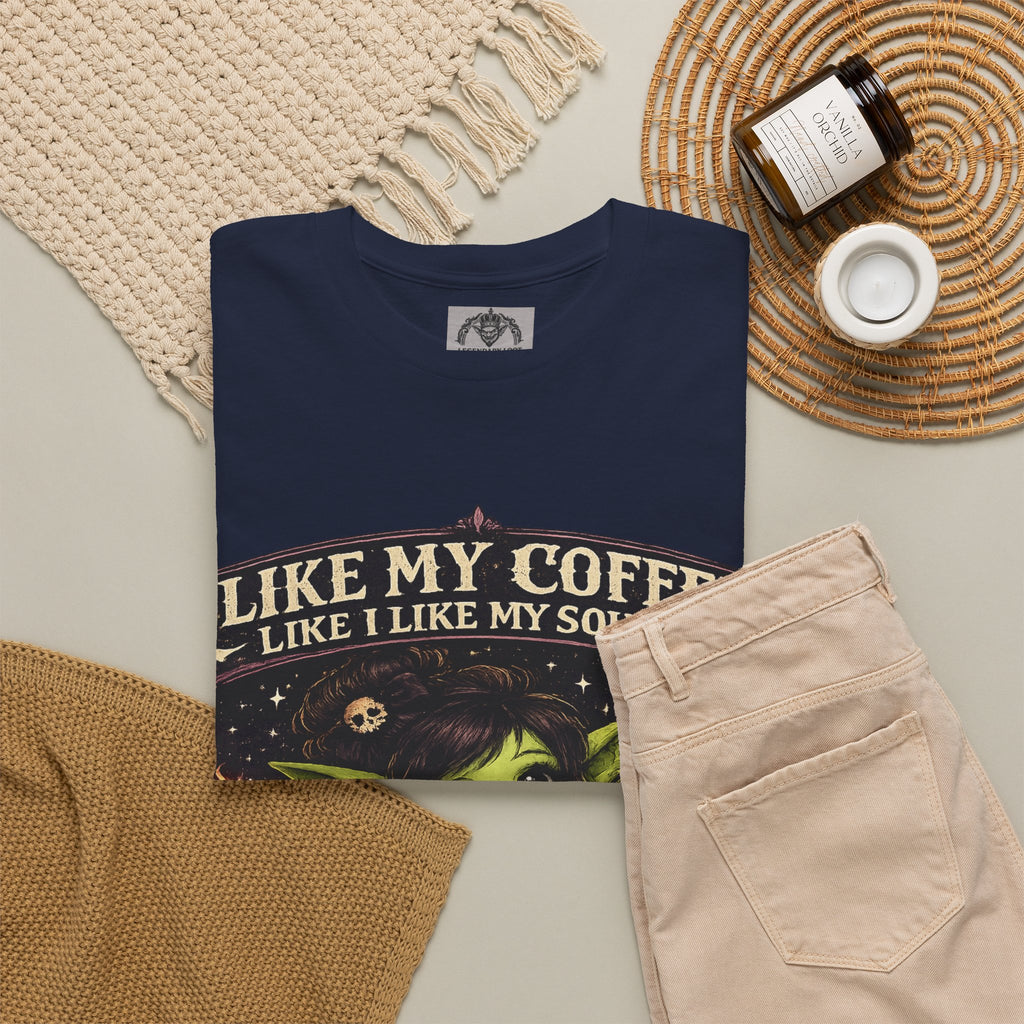 Like My Coffee Tee — "Like My Coffee Like I Like My Souls: Dark and Consumed Daily" Gothic Graphic T-Shirt