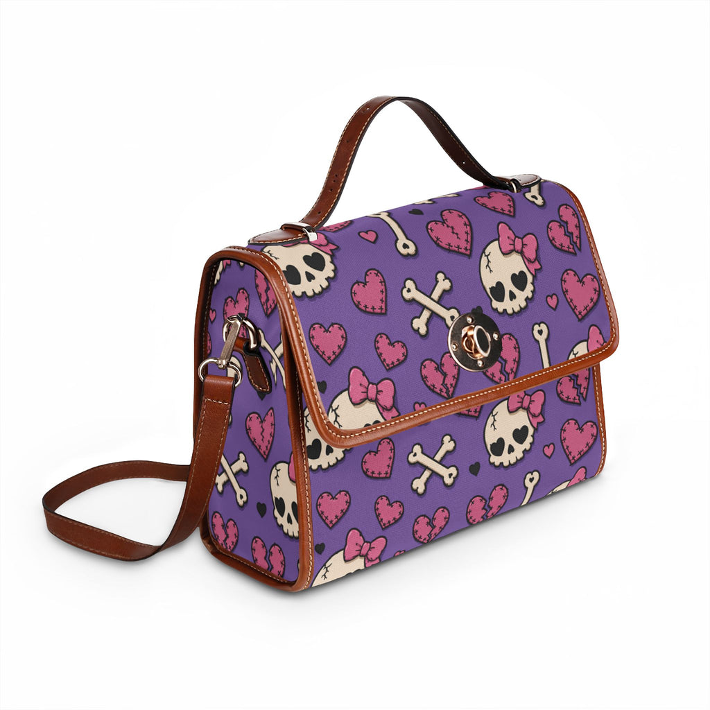 Cute Skull and Hearts Purple Pattern Waterproof Canvas Bag | Skull Crossbones Hearts Tote