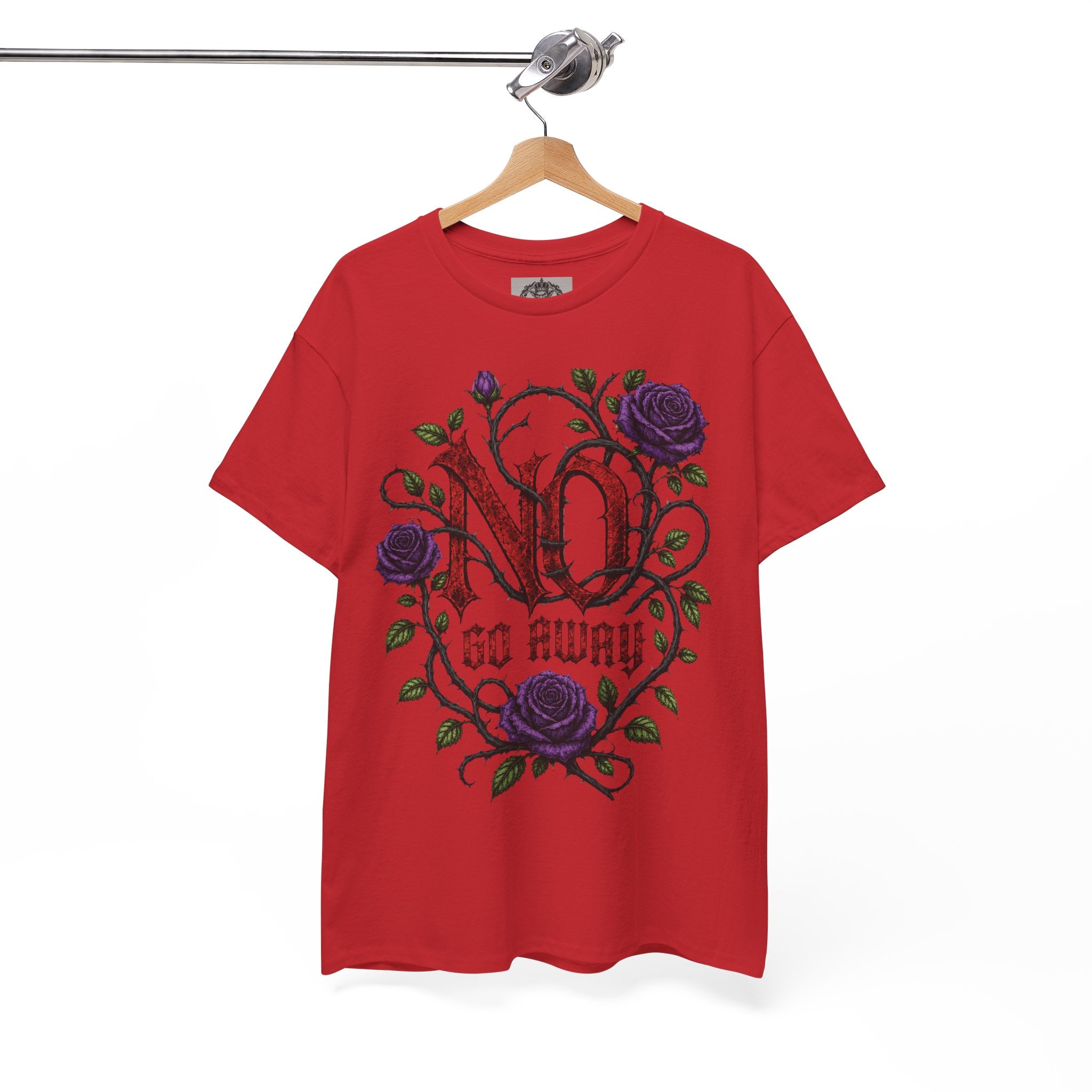 No Go Away T-Shirt | Gothic Purple Roses, Dark Floral Typography
